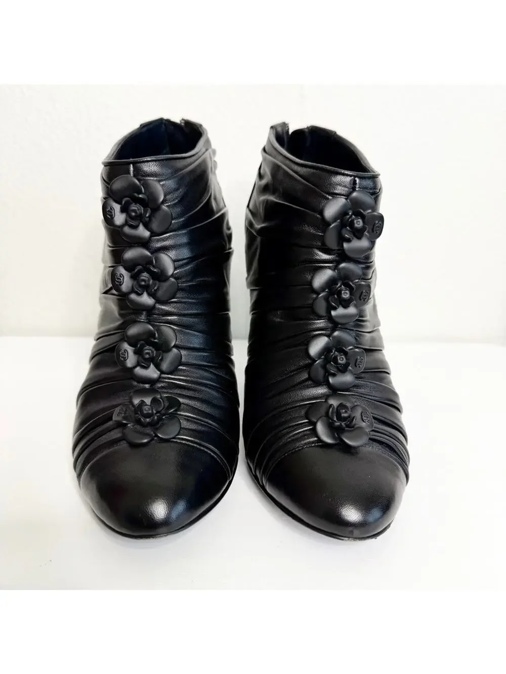 CHANEL Black Ankle Booties Cap Toe Size 37.5 Camellia Flower